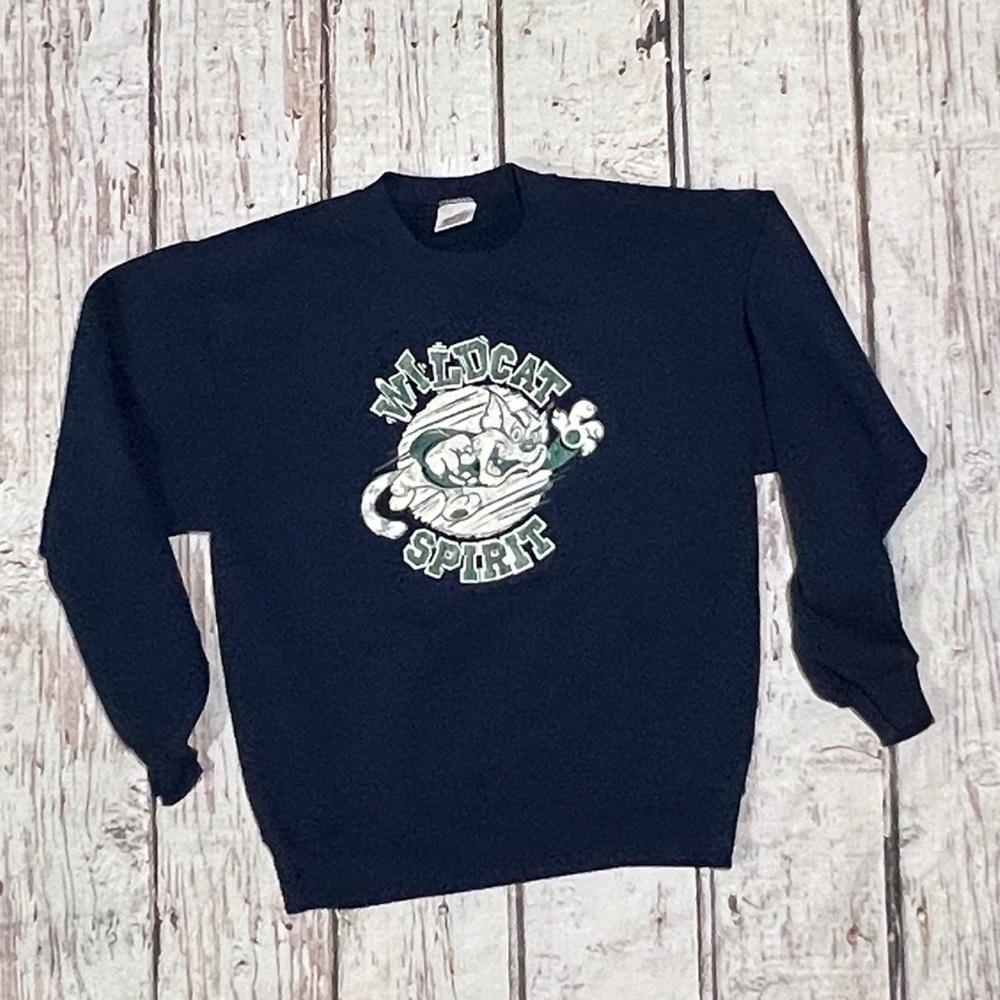 Vintage 80s Wildcat Spirit Blue Sports Jerzees Pullover 1980s Sweatshirt